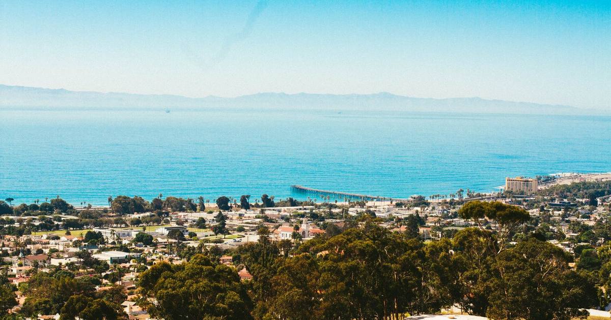 Ventura coastline seen from the hills, with the pier and the Channel Islands on the horizon