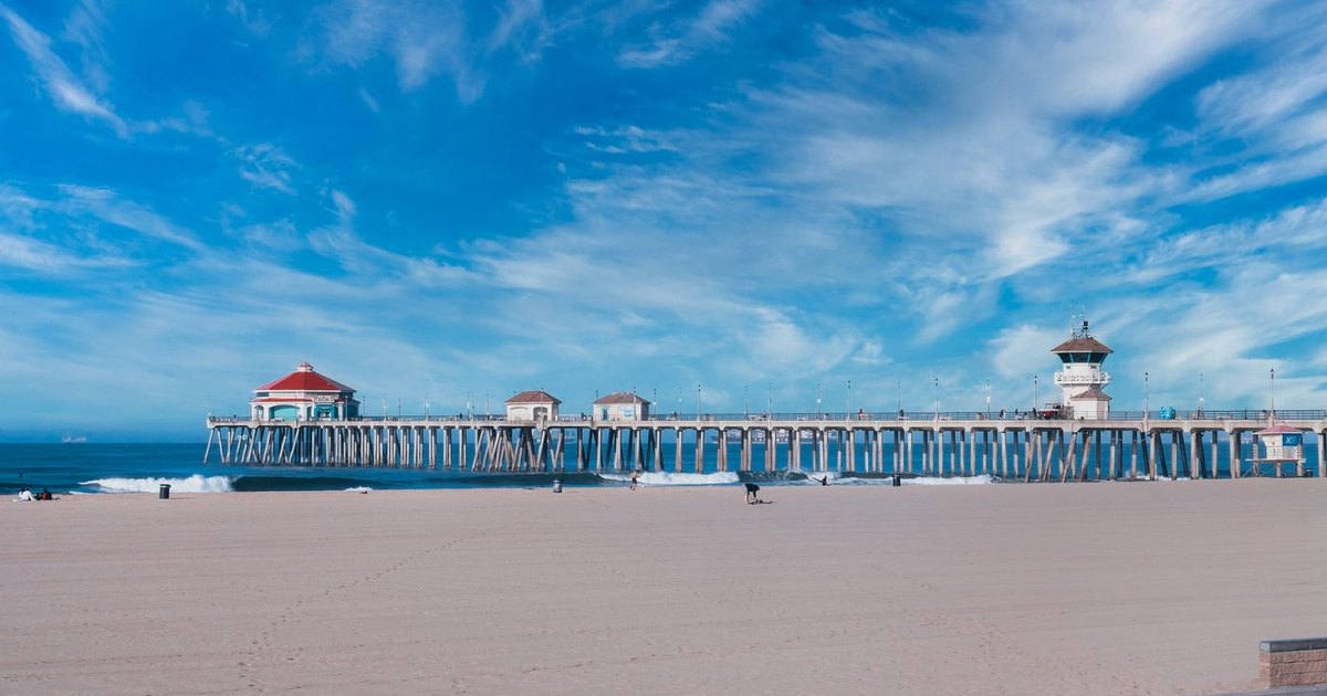 Huntington Beach Pier and shoreline in Orange County on a clear day
