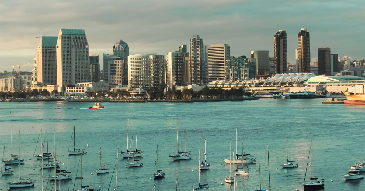 San Diego skyline with sailboats anchored in the harbor